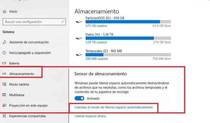 Sensor de almacenamiento de Windows 10 - Alternativa a ccleaner